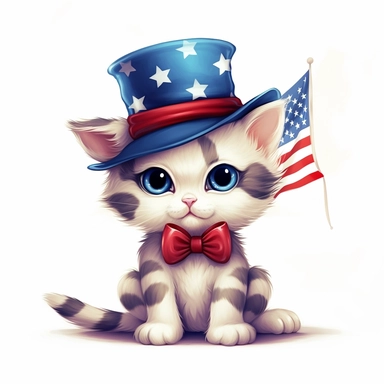 american flag day, clipart, a beautiful cartoonic cat wearing american hat, bow, beautiful, realistic, cute, white background