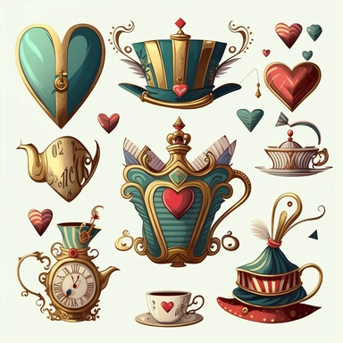 collection of big crazy hat , teapot,magic book, teacup, hearts cards, gold melted clock,striped cat ,queen of hearts vector clipart on white background