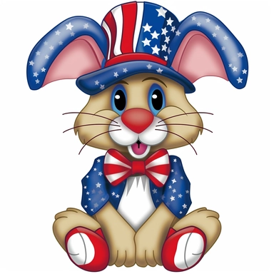 Easter Bunny with a patriotic hat and patriotic tie, clear eyes, kiss-cut, vector, clipart, isolated, no background, .75 gutter,