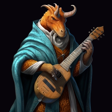 Dragonborn man full body portrait with orange scales dressed in long royal looking teal and white robes, on the robes there is a drawing of a clipart harp on the chest, hyper realistic, 8k, 16:9