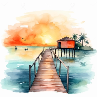 tropical summer sunset, dock with boat, watercolor clipart, bright colors, minimalist, isolated white background, 8k