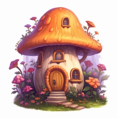 clipart of charming Mushroom Fairy House surrounded by enchanted trees and flowers. Create an illustration that captures the magic and enchantment of this place