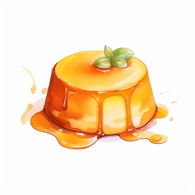 Watercolor japanese caramel custard flan purin clipart, hd, on white background, spaced