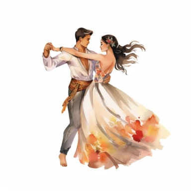Asian bride and Indigenous groom, dancing together at the reception, graceful and elegant, watercolor, Pixar style, Clipart on a white background.