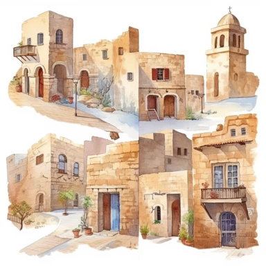 watercolor mardin town in turkiye, illustrations clipart set, simple, , cartoon elements ,different variants , historic stone houses,historic buildings, cobblestone lanes, tone facades of the buildings, Mardin's stone Alleyways separate elements with a margin
