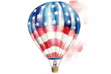 american red white blue hot air balloon, vibrant watercolor clipart