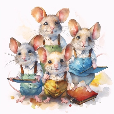 a group of school mouse kids studying together, school uniform, detailed, hd, watercolor, white background, clipart