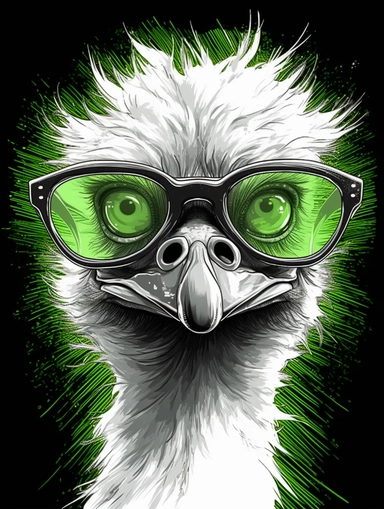 a portrait of a Emu wearing a white shirt and glasses, looking tired and done with life, vector illustration, clipart, outlines, portrait,