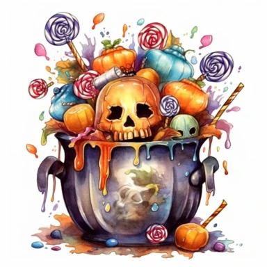 watercolor, candies in a halloween pot, sweet colors, clipart, white background , chaos 20