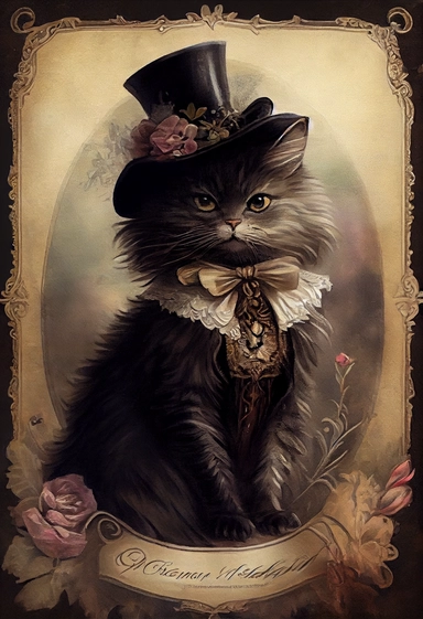 an adorable victorian cat by [Rebecca Latham + Sarah Stribbling + sumi-e + nicoletta ceccoli], Easter theme, epic scene, dark dark academia watercolor vintage CLIPART, illustration, hyper realistic, intricate detail clipart, watercolor, painterly, Jean-Baptiste Monge, drawing on top of old grunge beautiful scrapbooking background paper, old paper texture, decoupage printable digital background, distressed borders, vintage borders, grunge borders, shabby borders