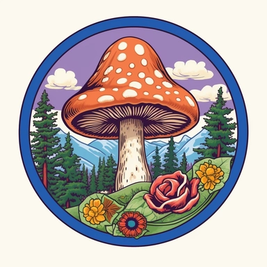 graphic bold, magic mushroom round logo, clipart, Colorado state flag colors