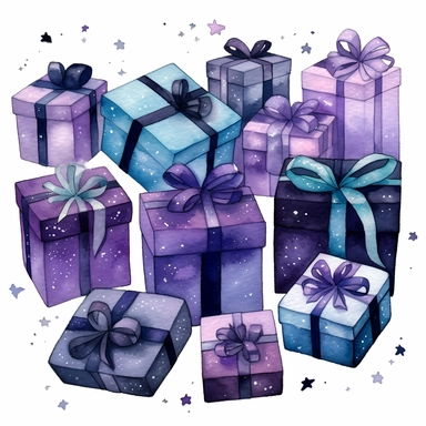 This watercolor Clipart of eleven gift boxes by Thomas W. Schallerof features a galactic design with shades of purple, blue, and black. The box is rectangular in shape and tied with a black ribbon and a small star charm.