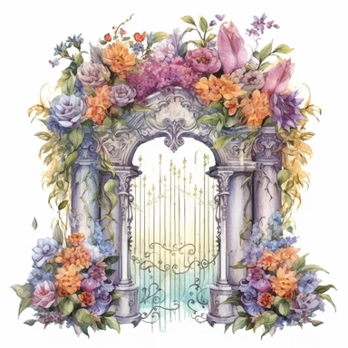 Celestial Floral Gate Clipart, Watercolor Cartoon, hyper realistic, intricate detail, illustration style, high resolution, on the white background