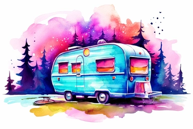 colorful bright vibrant neon vintage camper, scene, watercolor clip art