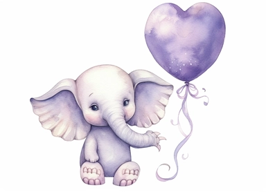 watercolor cute little baby elephant holding a heart-shaped balloon, in the style of light silver and light purple, victorian-inspired illustrations, nature-inspired pieces, 5 sets of clipart of different playful compositions, plush doll art, high resolution, isolated on a white background