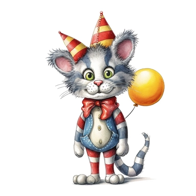 Axel scheffler illustration style clown cat, high definition, 16k, insanely detailed, fine detail, sharp focus, illustration, white background, isolated clipart vector