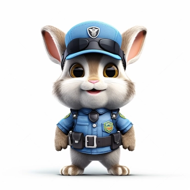 Adorable cute fantasy baby rabbit dressed like police standing in dynamic pose,front view,fullbody,sharp through out,happy expression, nursery art, clipart image, lineart image, white background, very detailed, 8k, composition wide shot