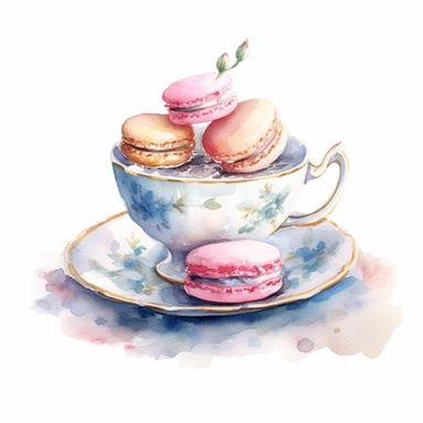 Clipart, Watercolor, Shabby Chic Tea Cup with saucer and tier tray with sweets and cake , light colors, hand-draw, texture