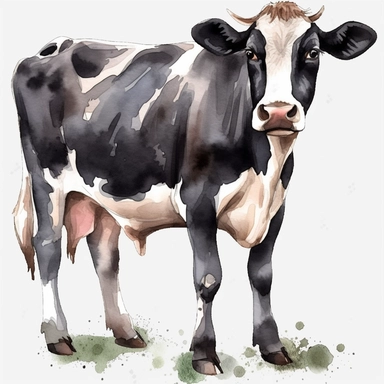 watercolor, Cows Dairy cows have udders: One of the most common farm animals,png Full body realistic cartoon in 32K UHD cute. 15 cm thick outline. Black color. There was no shadow on the ground. 8k with realistic watercolors and detailed illustrations. PNG clipart, transparent white background