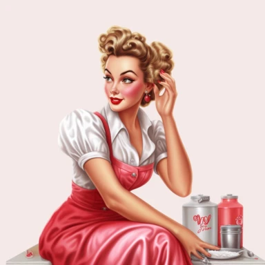 beautiful pretty pin up woman, makeup and hair 50's style, diferent poses,maid dressed, paint art style, cleaning furniture 50's style, detail, clipart, white background, superrealistic, one of a kind