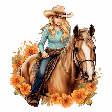 Just A Girl Who Loves Pumpkin Spice Cowgirl horse riding Sublimation Design , style by Lucy Fleming, watercolor, smooth gradients, black contour outline, ultra detailed, clipart elements, delicate pastel colors, solid white background, super clear, high quality