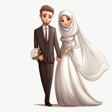 Muslim bride and groom clipart, the bride and groom is touching, in the style of caricature-like, hinchel ,--ar2:3,--8k