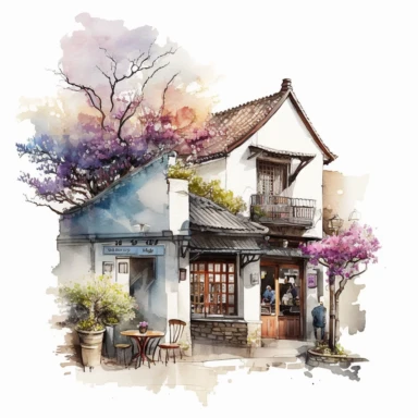 Clipart, a cafe in South Korea, with all the aromas and beauty, watercolor, white background, stunning architecture,