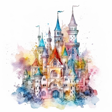 watercolor intricate detailed princess castle in light people colors clipart