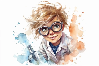 Watercolor, Generate a cartoon character wearing a lab coat and goggles, portraying a female scientist clipart, hd, on a white background, spaced out