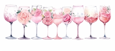 Isolated on a white background, in a feminine style that is populair on Etsy, ten juxtaposed, Wine and cocktail glasses lined up on the floor decorated with baby pink roses, for wedding, high resolution, highly detailed, watercolor clipart illustration, soft pastel color theme, baby pink, 8k UHD isolated image on white background, hyper - realistic high definition