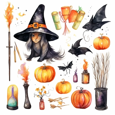beautiful loose watercolor, halloween clipart, a witch's broom , illustrations clipart set, simple, halloween colors , different variants , candy , black cat ,separate elements with a margin, on white backgound