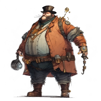 Steampunk fat MAN full body Clipart, on a white background, cyberpunk color