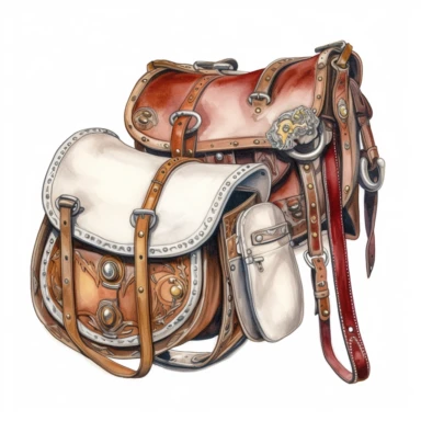 Saddlebags: Saddlebags are a practical accessory for horseback riders, providing a place to store gear and supplies. These leather bags with their intricate tooling and silver conchos are a popular subject for western clipart, adding a touch of authenticity and practicality to any design. westerncore, western, watercolor, hd, detailed, clean, colorful, pure white background