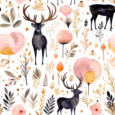 Draw a watercolor-style clip art images that feature objects related to an aesthetic adorned with floral designs. The images should have aesthetic, and should incorporate elements such as watercolor [gold] whimsical and cute illustration in watercolor of a cute deer with black ornaments on the body, in a Scandinavian folk art style with botanical and swirl motifs. light pink gold colors Traditional with a modern twist watercoloritem collection, isolated on a white background, gourmet, classy, si