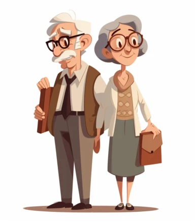 a cartoon clipart image of an old couple, in the style of flat shading, animated gifs, light gray and brown, booru, vibrant academia