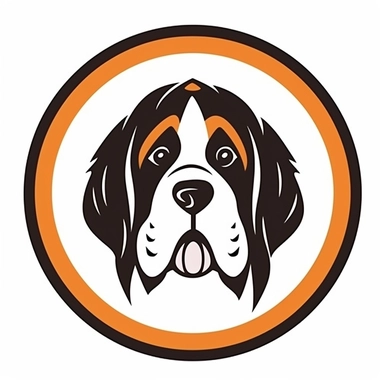 logo, St Bernard dog , head, facing front, cute, circle frame, cartoon clipart, vector, bold line, white isolated background, high definition