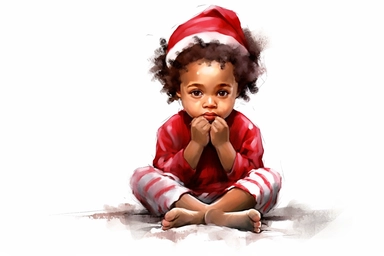 Watercolor happy cute beautiful brown skin african American baby girl praying wearing baby red and white christmas pajamas, christmas tree in the background, detailed clipart, isolated, spaced out--q 2