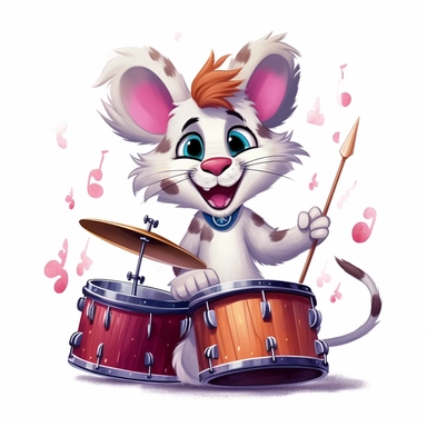 cartoon clipart design in disney style, drummer cat, white background