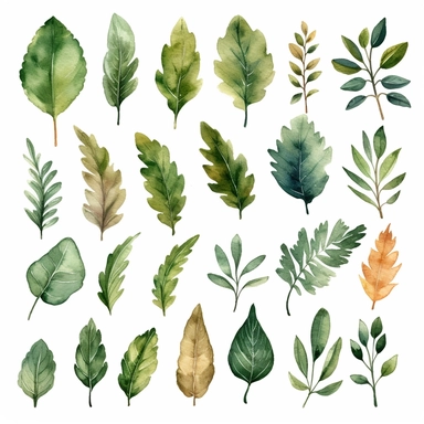 evergreen leaf clipart, watercolor, messy style, dark green, individual design