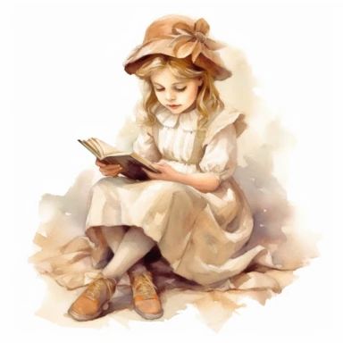 victorian vintage adorable little girl reading book on floor, full body, pastel beige colors, clipart style, oil painting technique, super high quality, professional watercolor clipart, high resolution