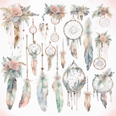 Create a watercolor clipart set of boho-inspired baby items such as dreamcatchers, feather mobiles, and macrame wall hangings. Use soft pastel colors and a white background to make the designs pop, white background