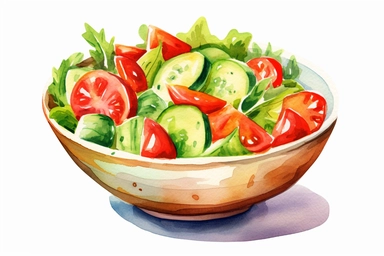 watercolor bowl of salad with tomotoes, bell pepper and cucumber clipart, fresh green color, hd, in the style of greg rutkowski, spaced out on white background