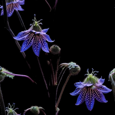 Purple borage flowers as a clipart with black background. A masterfully crafted digital artwork that explores the beauty and intricacy of purple borage flowers. The composition offers a close-up perspective, allowing the viewer to marvel at the delicate details of each petal and the unique patterns they create. Soft lighting highlights the vibrant purple tones, evoking a sense of tranquility and serenity. The artwork exhibits a contemporary realism style with a touch of impressionism, reminiscen