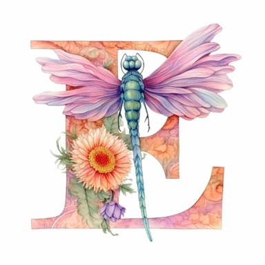 Beautiful Pastel Dragonfly Flower Alphabet Letter  E  Watercolor Clipart, Cartoon, hyper realistic, intricate detail, illustration style, high solution, on the white background