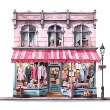 watercolor, hyper realistic, white background, white margins, 16k, ultra detailed clipart, cut out image, hand-drawn vintage clothing boutique with a brightly painted storefront and mannequins dressed in retro clothing in the window display.