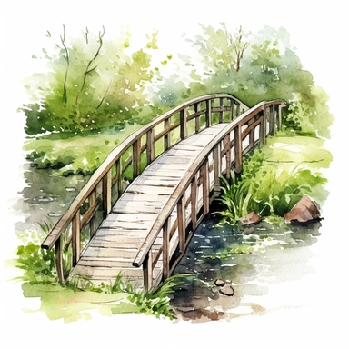 watercolour, wooden bridge over creek, summer, detailed, clipart white background