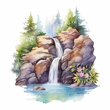 Clipart, isolated on white background, beautiful cute Watercolor Spring waterfalls through the stones, forest woodland nature landscape scenery, plants and flowers, ornated, pastel colors