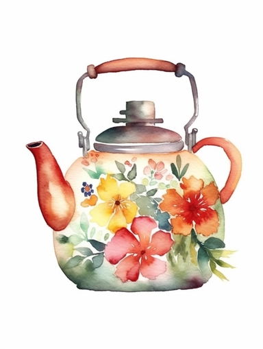 Watercolor clipart with white background, cute floral tea pot , cute and adorable, flat design, clearly defined separated image, high quality