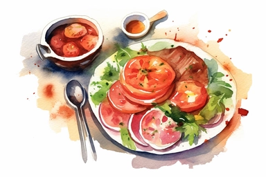 Watercolor, British, Western cuisine, clipart, hd, on a white background, spaced out