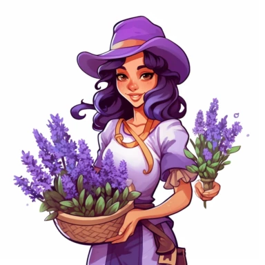 Cute Female Fantasy seller merchant Lavender flowers, Vector art clipart, solid white background